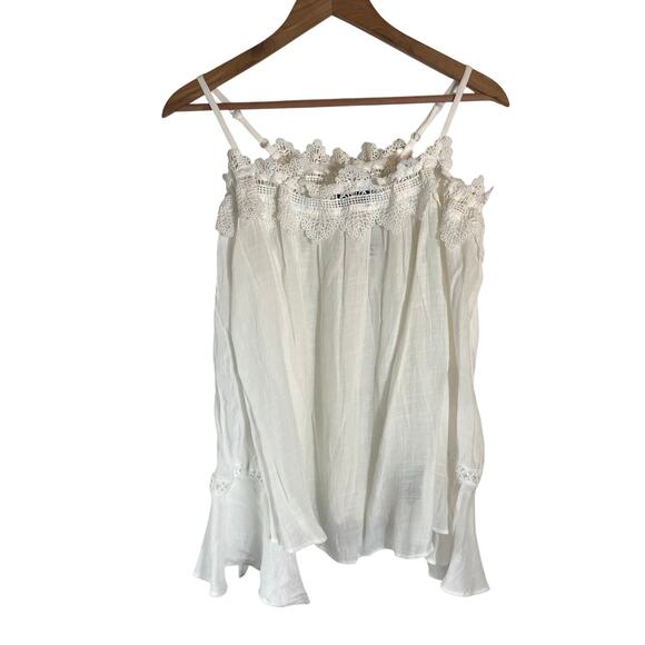 White Semi-Sheer Crochet Trim Blouse XL Bell Sleeve Fairycore Boho Western - Picture 7 of 8